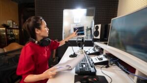 woman working with professional radio equipment